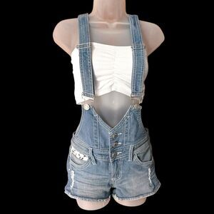 Rue21 Lt. Wash Denim Overalls Shorts Crochet Trim Sz 0 Festival Coastal Cowgirl